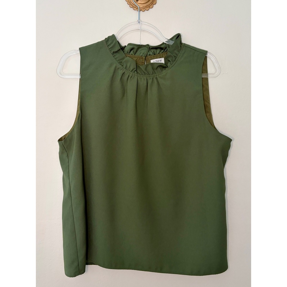 J. Crew Olive Green Classic Ruffle Neck Sleeveless Blouse Top Large